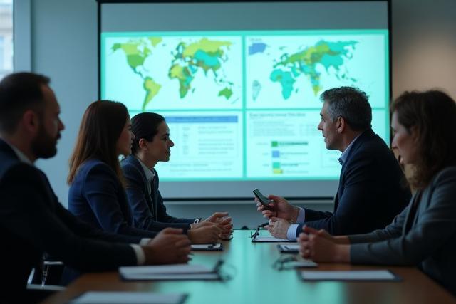 Diverse public health professionals collaborating on a strategic plan, reviewing data on a large screen.